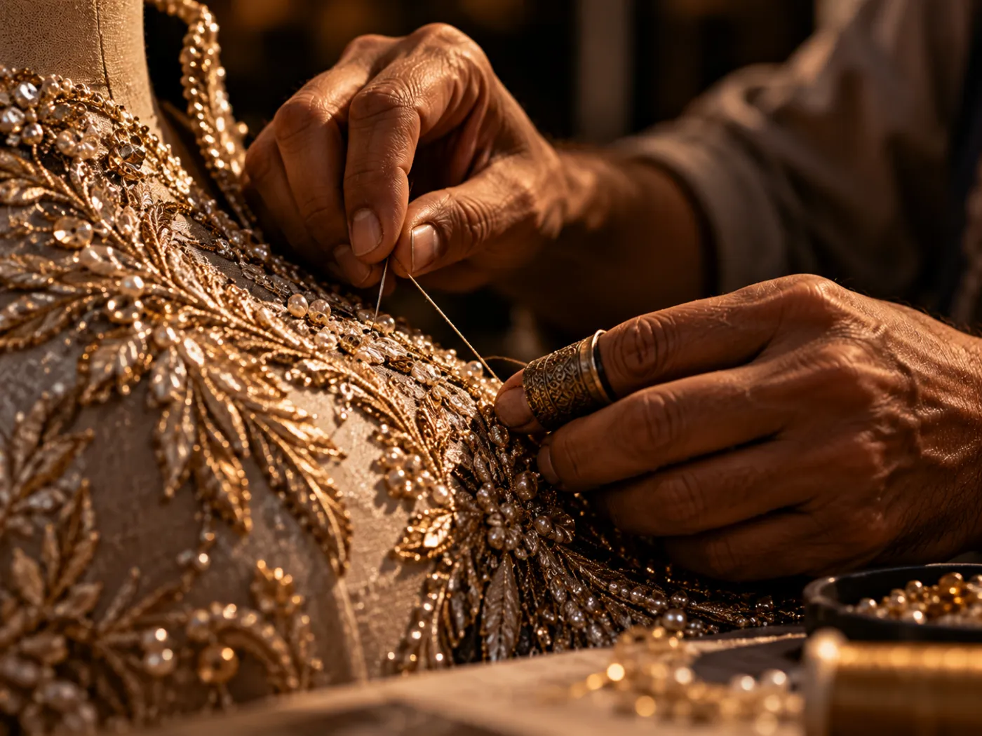 Atelier hands finishing a garment on the stand