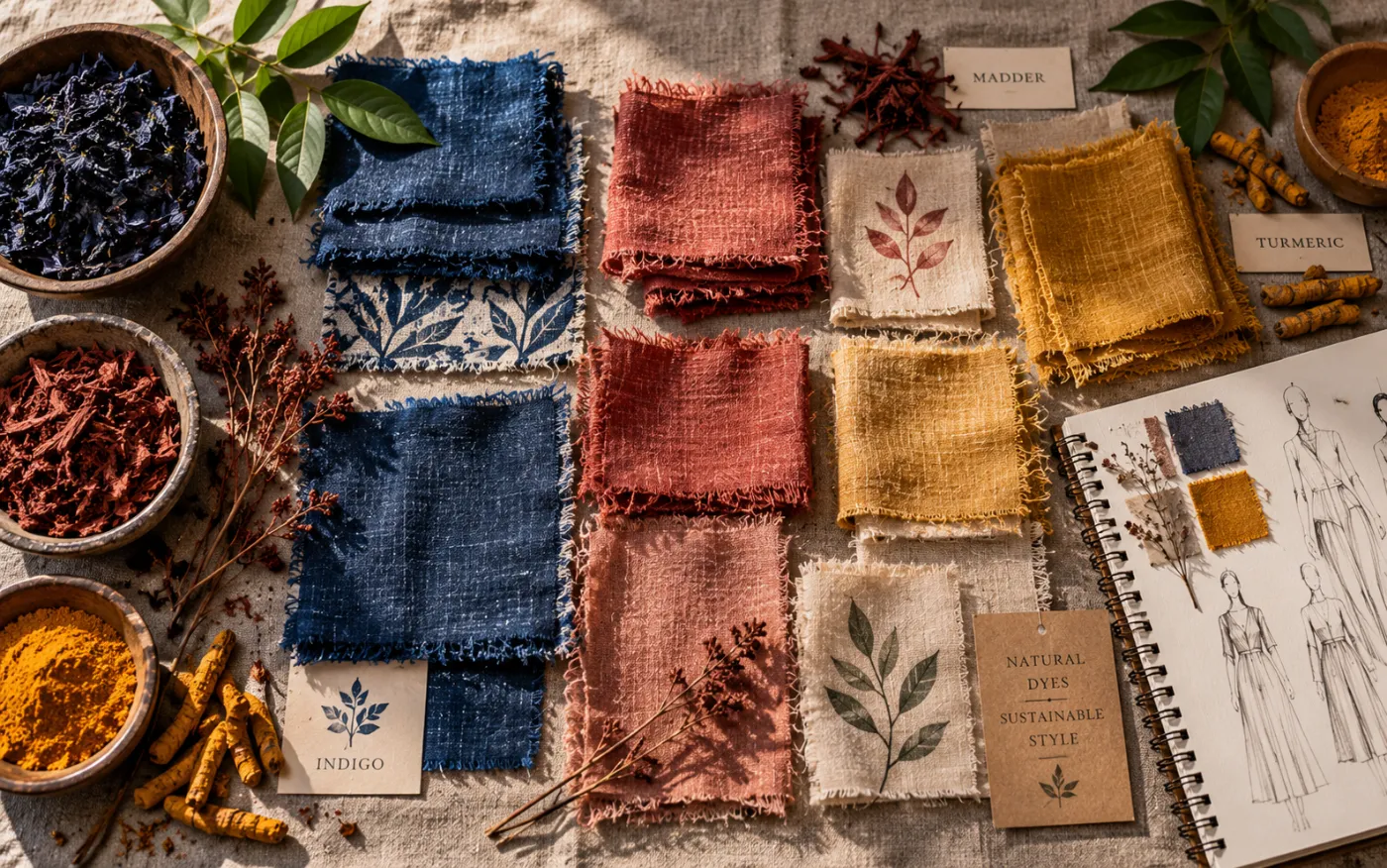 Natural-dye textile swatches laid out on linen