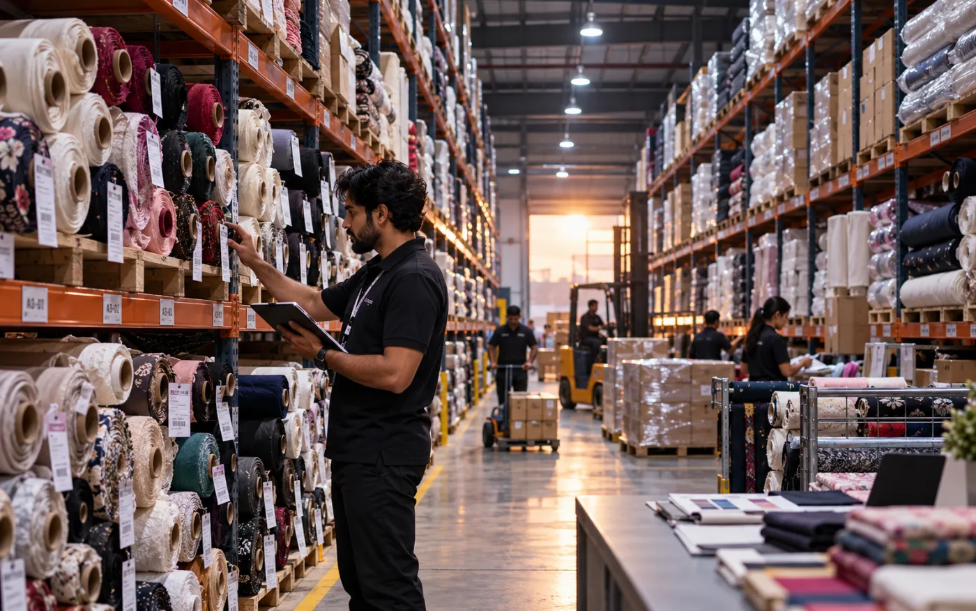 Fabric rolls and trade documents in a sourcing warehouse