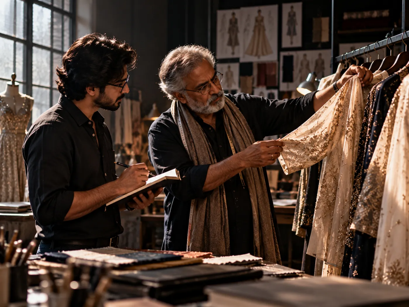 Designer reviewing a collection line-up with a mentor